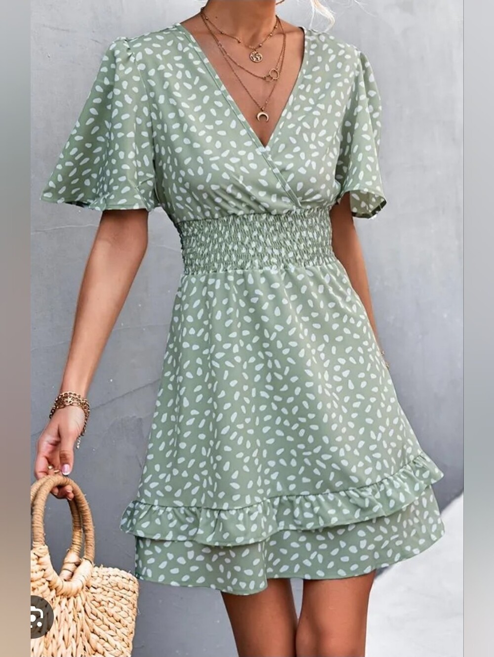 Sage Green Printed V-Neck Dress Med